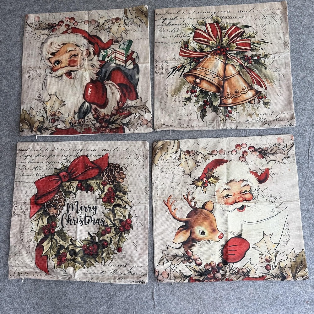 Retro Santa Christmas Throw Pillow Cover Lot 4 17.5x17.5 Canvas Multicolor Decor